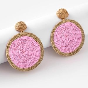 Pastel Pink Round Rattan Oversized Statement Earrings Wicker Large Dangle New